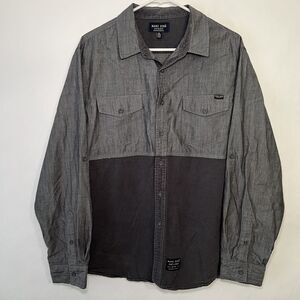 Marc Ecko Cut & Sew Button Up Chambray Shirt Mens Size XL Gray Roll Tab Sleeve